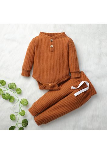 2pcs Solid Waffle Long-sleeve Baby Set