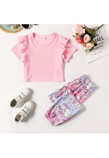 2-piece Kid Girl Ruffled Short-sleeve Ribbed Tee and Unicorn Letter Print/Stripe Pants Set