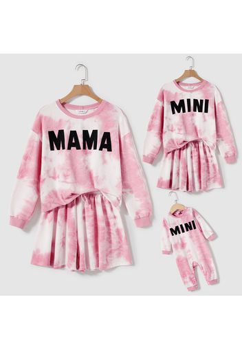 Mommy and Me Letter Print Pink Tie Dye Drop Shoulder Long-sleeve Sweatshirts and Shorts Sets