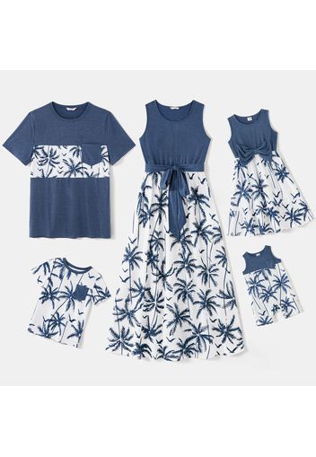 Family Matching Solid Splicing All Over Coconut Tree Print Tank Dresses and Short-sleeve T-shirts Sets