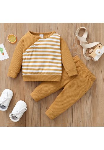 2pcs Baby Boy/Girl Striped Waffle Long-sleeve Top and Solid Trousers Set