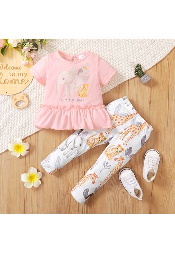 2pcs Baby Girl Animals Print Short-sleeve Ruffle Top and Leggings Pants Set