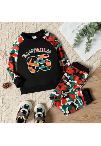 2-piece Toddler Boy Letter Number Camouflage Print Raglan Sleeve Sweatshirt and Pants Set