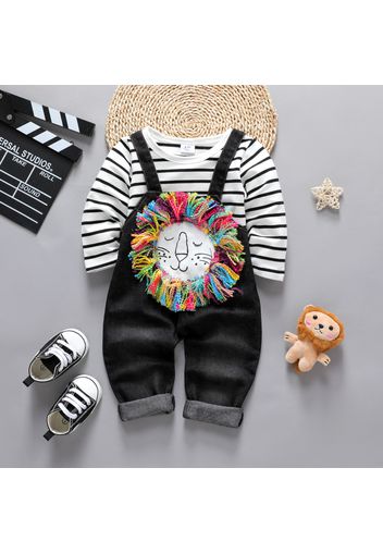 2pcs Baby Boy Striped Long-sleeve T-shirt and Cartoon Lion Pattern Denim Overalls Set