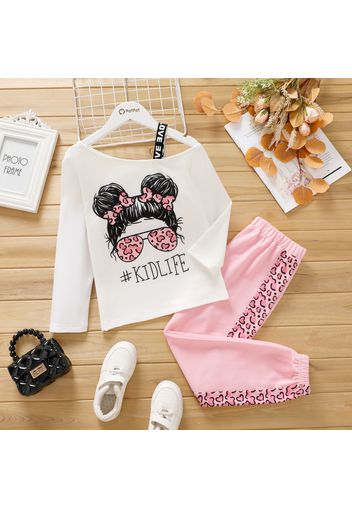 2pcs Kid Girl Letter Cartoon Print One Shoulder Long-sleeve Tee and Leopard Print Colorblock Pants Set