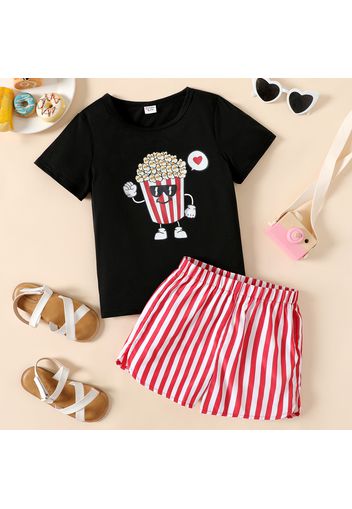 2pcs Kid Girl Food Print Short-sleeve Black Tee and Stripe Shorts Set