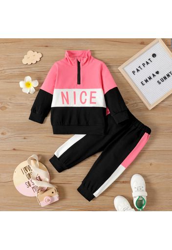 2pcs Baby Girl Letter Print Colorblock Splicing Long-sleeve Zip Sweatshirt and Sweatpants Set