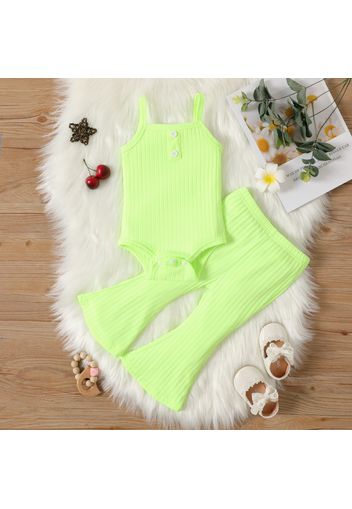 2pcs Baby Girl Fluorescent Color Spaghetti Strap Ribbed Romper and Flared Pants Set