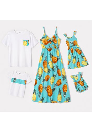 Family Matching Allover Pineapple Print Spaghetti Strap V Neck Midi Dresses and Short-sleeve Splice T-shirts Sets