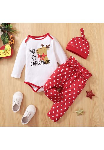 Christmas 3pcs Baby Girl Cartoon Deer and Letter Print Long-sleeve Romper with Polka Dots Trousers Set