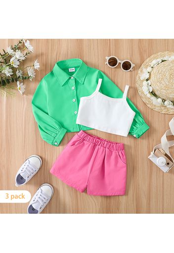 3pcs Toddler Girl White Camisole & Pink Shorts and Lapel Collar Green Long-sleeve Shirt Set