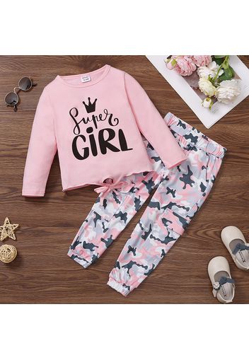 2-piece Toddler Girl Letter Print Tie Knot Long-sleeve Pink Tee and Camouflage Print Pants Set