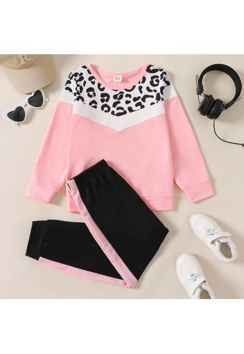 2-piece Kid Girl Leopard Print Colorblock Pullover Sweatshirt and Elasticized Pants Set