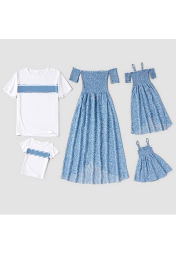 Family Matching Blue Floral Off Shoulder Shirred Maxi Dresses and Short-sleeve T-shirts Set