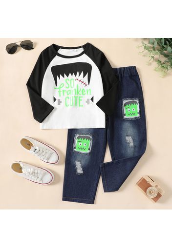 2-piece Kid Boy Letter So Franken Cute Print Long Raglan Sleeve Tee and Patchwork Cartoon Denim Jeans Set