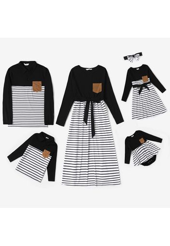 Family Matching Striped Long-sleeve Splicing Belted Dresses and Shirts Sets