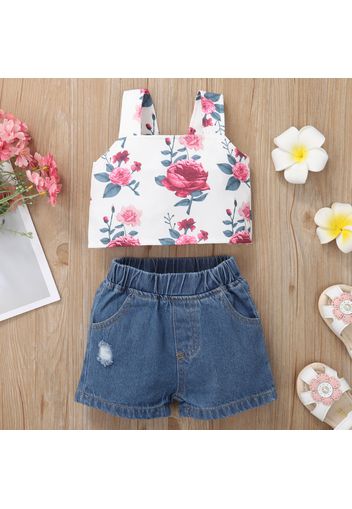 2pcs Baby Girl Floral Print Button Sleeveless Tank Top and Ripped Denim Shorts Set