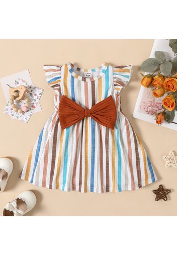 Baby Girl Multicolor Striped Flutter-sleeve Bowknot Dress