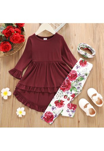 2-piece Toddler Girl Ruffled High Low Long Bell sleeves Ribbed Top and Floral Print Pants Set