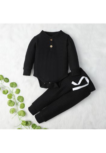 2pcs Solid Waffle Long-sleeve Baby Set