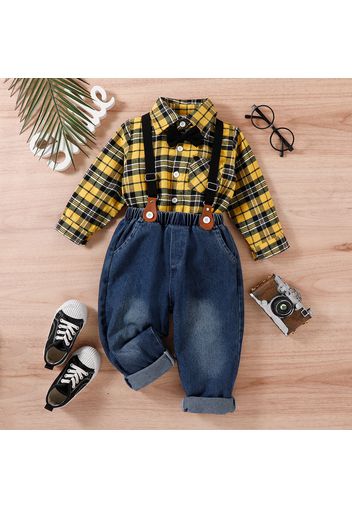 2pcs Toddler Boy Gentleman Suit, Suspender Denim Jeans and Plaid Lapel Collar Shirt Set