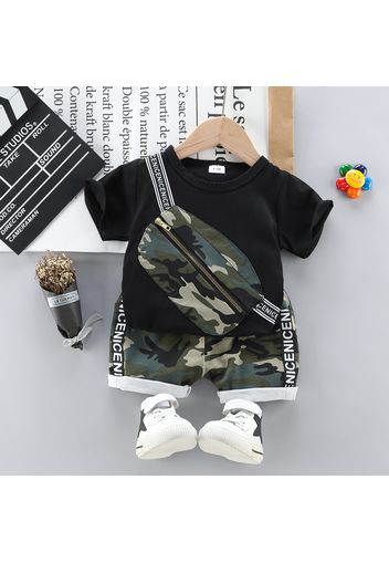 2pcs Toddler Boy Casual Camouflage Print Bag Design Tee & Letter Print Shorts Set