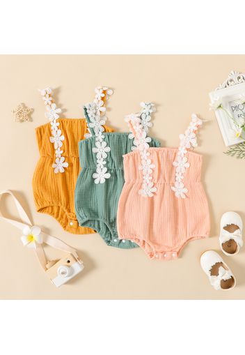 100% Cotton Crepe Baby Girl 3D Floral Applique Spaghetti Strap Romper