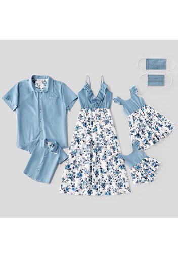 Mosaic 100% Cotton Floral Print Family Matching Blue Sets