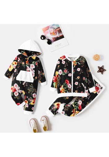 Sibling Matching All Over Floral Print Black Long-sleeve Sets