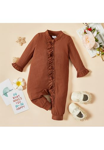 Baby Girl Solid/Floral Print Long-sleeve Ruffle Zip Jumpsuit