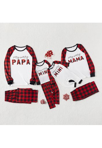 Christmas Letter Print Family Matching Red Plaid Raglan Long-sleeve Pajamas Sets (Flame Resistant)