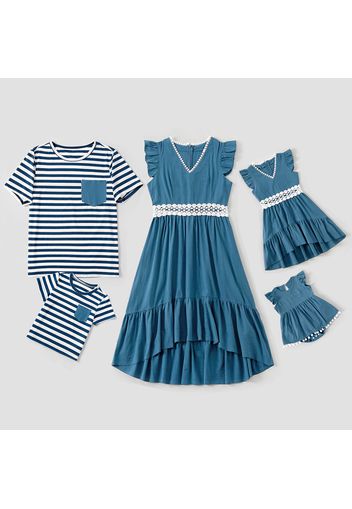 Blue Series Family Matching Sets(Ruffle Shoulder Lace Decor Irregular Hem Mini Dresses for Mommy and Me;Stripe Short Sleeve T-shirts With Pockets for Dad and Me)