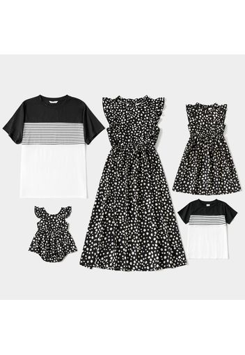 Black and White Family Matching Sets(Dots Dresses and Stripe Short-sleeve T-shirts)