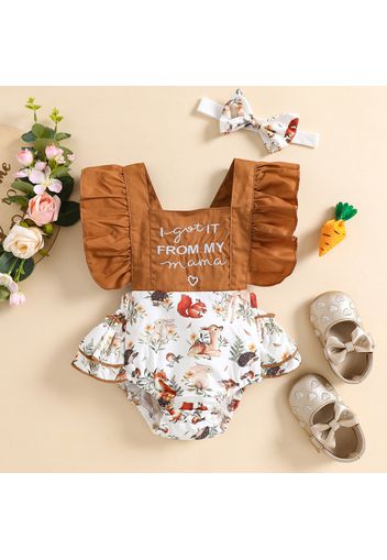 2pcs Baby Girl Letter Embroidered Brown Splicing Animal Print Layered Ruffle Romper with Headband Set