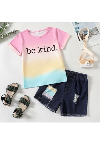 2-piece Kid Girl Letter Print Gradient Color Short-sleeve Tee and Ripped Denim Shorts Set