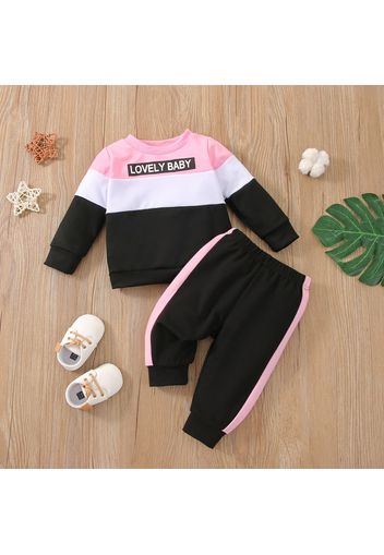 2pcs Baby Girl Letter Print Color Block Long-sleeve Sweatshirt and Trousers Set