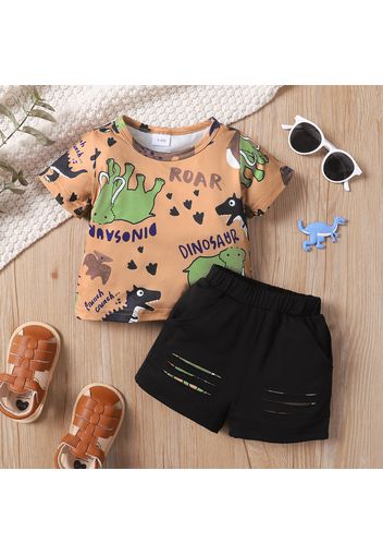 2pcs Baby Boy Cartoon Dinosaur and Letter Print Short-sleeve T-shirt and Ripped Shorts Set