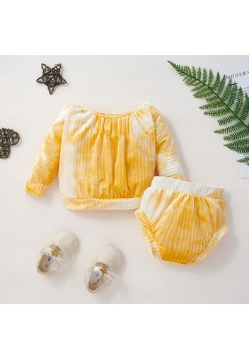 2pcs Tie Dyed Long-sleeve Velvet Yellow Baby Set