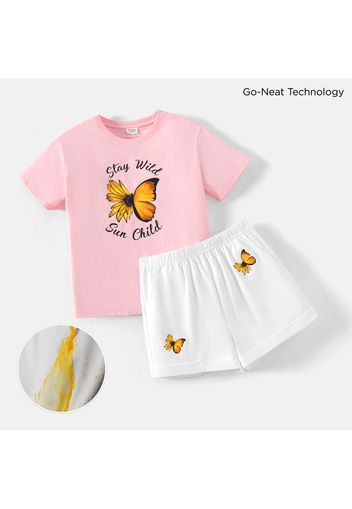 Go-Neat 2pcs Kid Girl Water & Stain Resistant Eco Breathable Butterfly Print Tee and Shorts Set