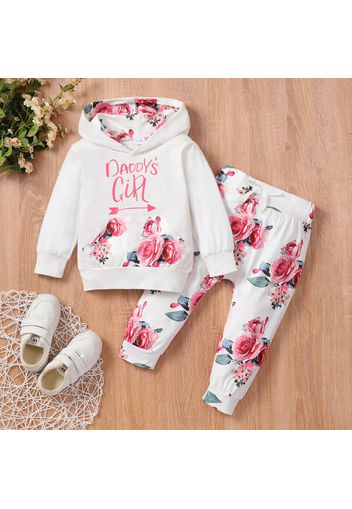 2-piece Toddler Girl Letter Floral Print Pocket Design Hoodie Sweatshirt and Bowknot Design Elasticized Pants Set