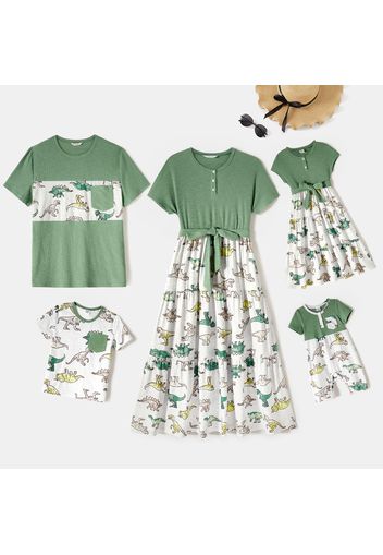 Family Matching Green Rib Knit Spliced Allover Dinosaur Print Dresses and Short-sleeve T-shirts Sets