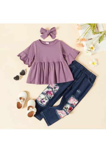 3-piece Baby / Toddler Girl Casual Solid Bell Sleeves Top and Floral Cropped Pants with Headband Set