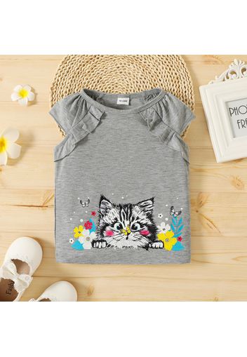 Toddler Girl Floral Cat Print Ruffled Sleeveless Tee