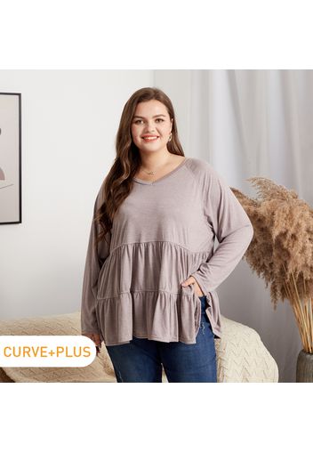 Women Plus Size Casual V Neck Grey Tiered Long-sleeve Tee