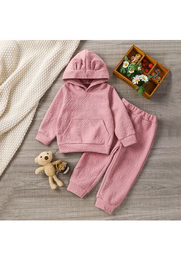 2-piece Toddler Girl Floral Pattern Textured Ear Design Hoodie Sweatshirt and Pants Set