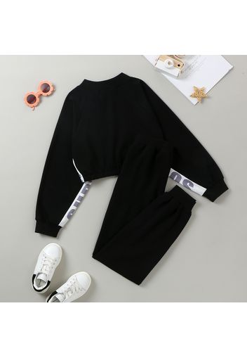 2-piece Kid Girl Letter Print Crop Pullover Sweatshirt and Solid Color Pants Casual Set