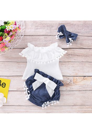 Crepe 3pcs Pompon Decor Flounced Collar Flutter-sleeve Baby Set