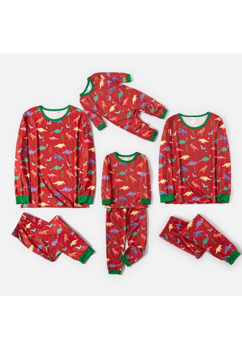 Christmas All Over Dinosaur Print Red Family Matching Long-sleeve Pajamas Sets (Flame Resistant)