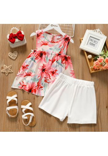 2-piece Kid Girl Floral Print Ruffled Sleeveless Top and White Shorts Set