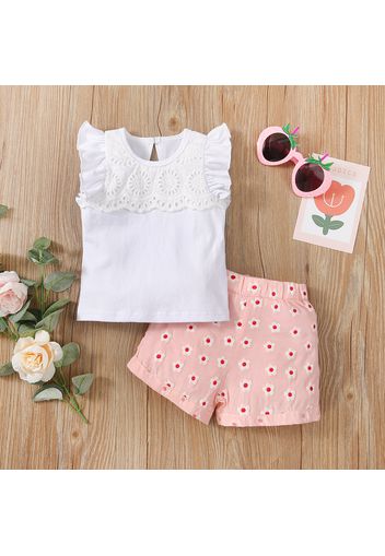 2pcs Baby Cotton Lace Splicing Ruffle Sleeveless Top and Floral Print Shorts Set